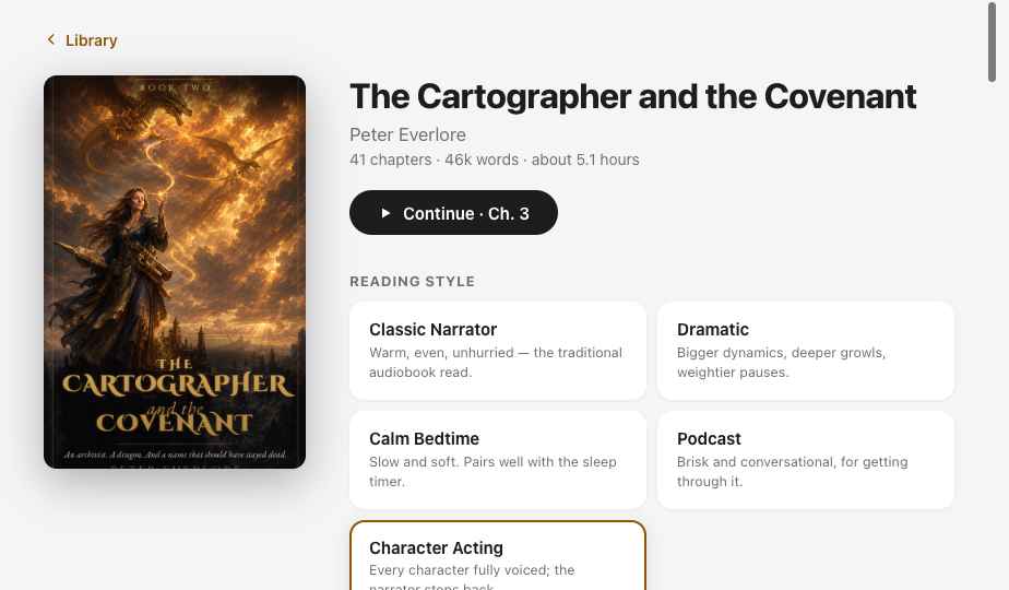 Book page with reading styles and voice cast